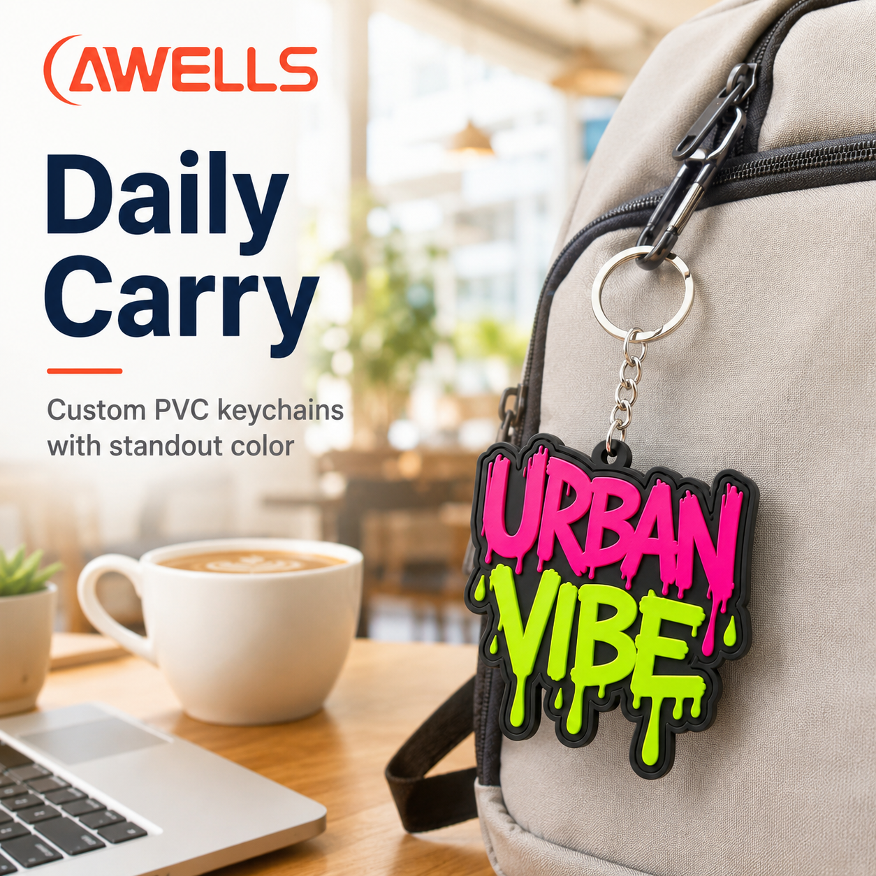 Chaveiro personalizado em borracha e PVC para venda por atacado, destinado a marcas de estilo de vida, mercadorias varejistas, acessórios para bolsas e presentes criativos com logotipo AWELLS