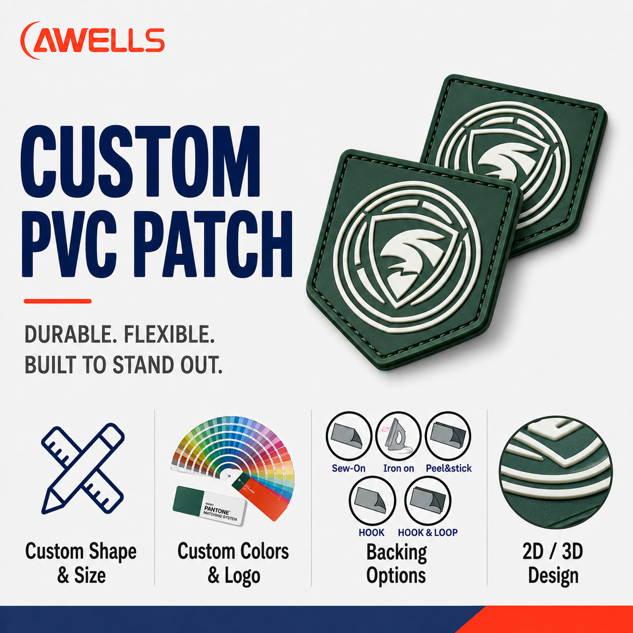 Custom 2D PVC Logo Patch for Team Jerseys Training Apparel and Promotional Sportswear Manufacturer AWELLS