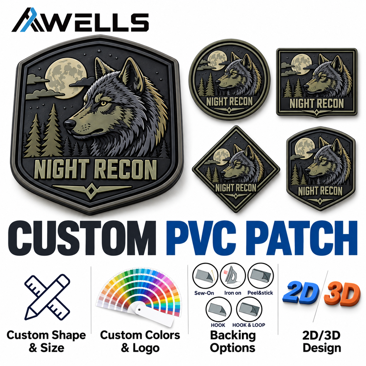 Personalized Soft PVC Patch with Wolf Emblem for Hats, Backpacks and Field Accessories AWELLS