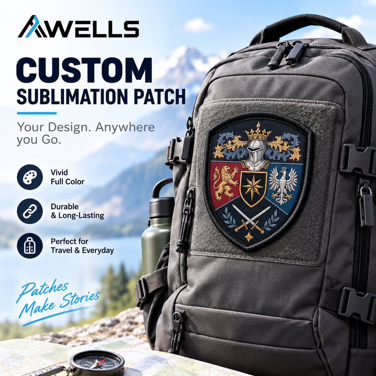 Custom Dye Sublimation Crest Patch with Heraldic Shield Artwork for Club Apparel Heritage Branding and Premium Accessories AWELLS