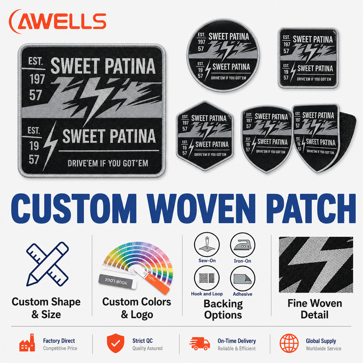 Custom Large Woven Patch for Denim Jackets with Fine Yarn Detail and Stitched Border Vintage Automotive Club Badge OEM ODM AWELLS