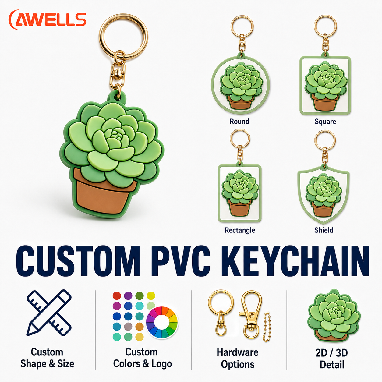 Custom Soft PVC Keychain with Succulent Plant Design 2D Raised Rubber Key Tag for Garden Brands Retail Gifts OEM ODM AWELLS
