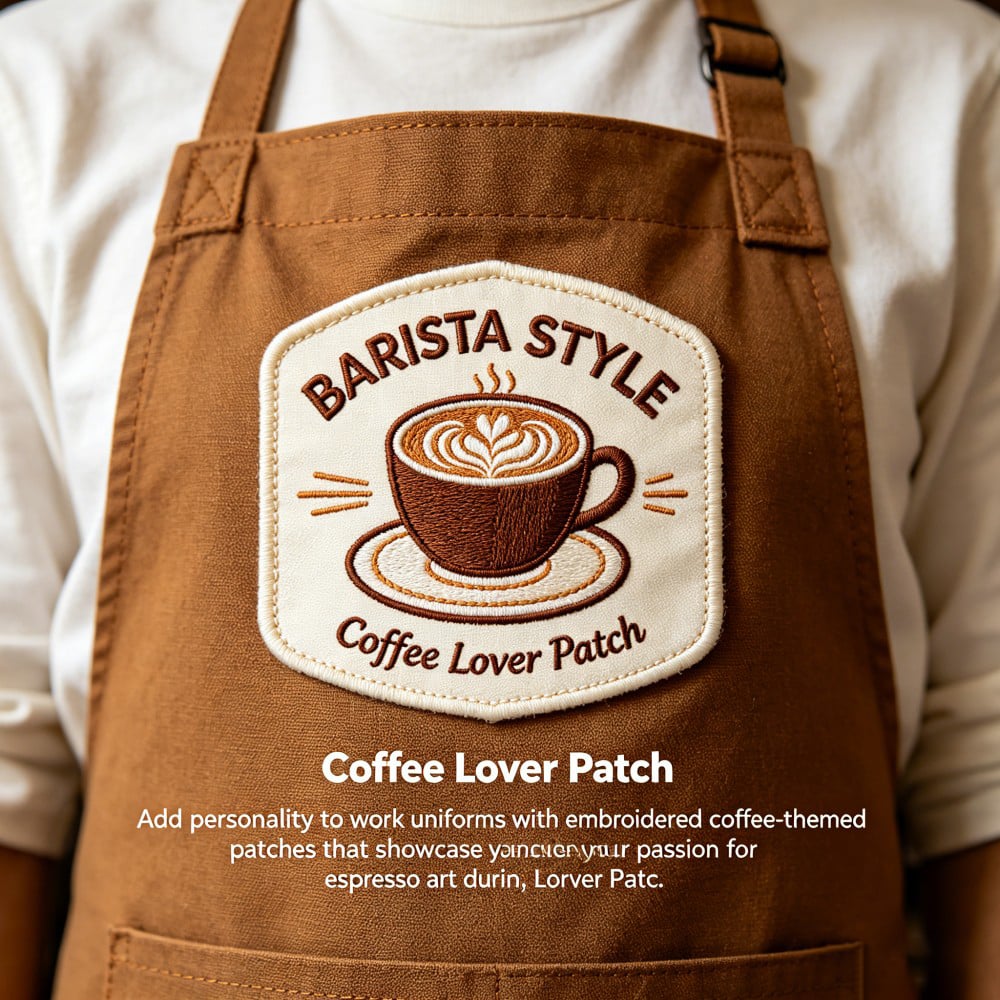 AWELLS Coffee Art Themed Embroidered Patch for Custom Barista Aprons and Cafe Staff Uniforms