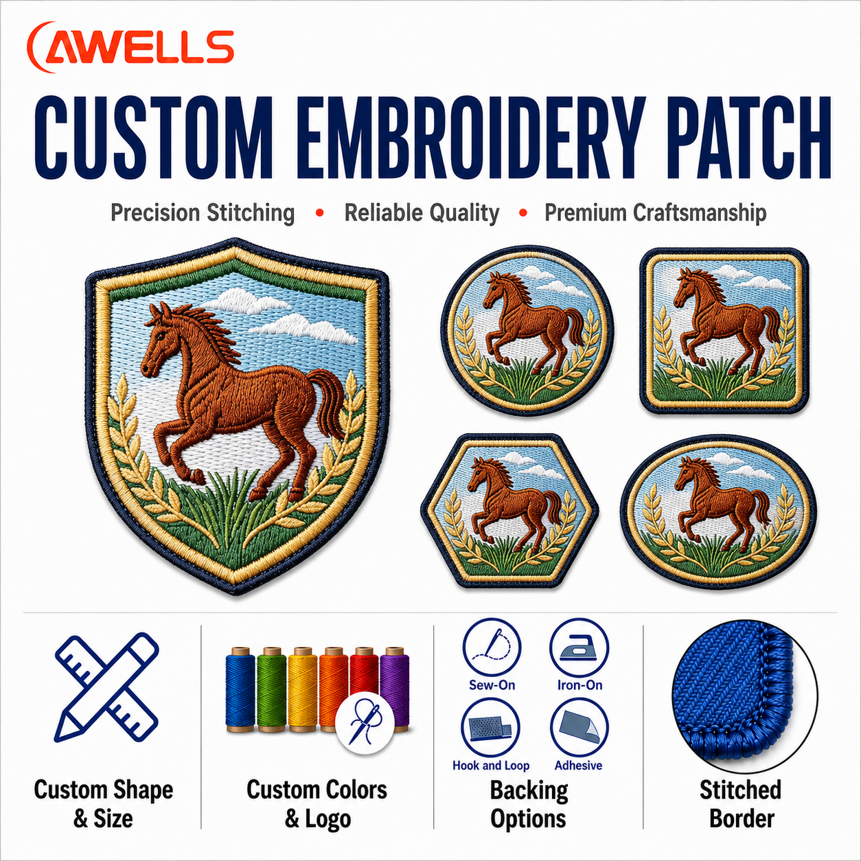 Custom Embroidery Patch for Equestrian Jackets with High-Density Horse Logo and Embroidered Border OEM ODM AWELLS