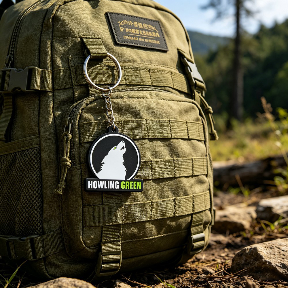 AWELLS Outdoor Wolf PVC Keychain, Tactical “Howling Green” Motif for Backpacks & Hiking