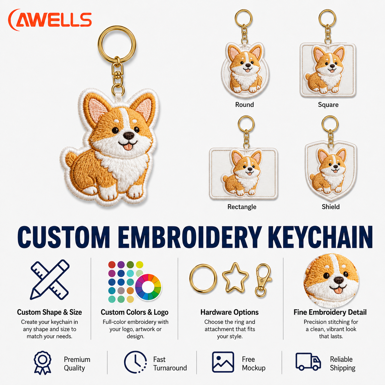 Custom Pet Embroidery Keychain with High-Density Stitching Cute Dog Key Tag for Tote Bags Gifts and Brand Promotions AWELLS