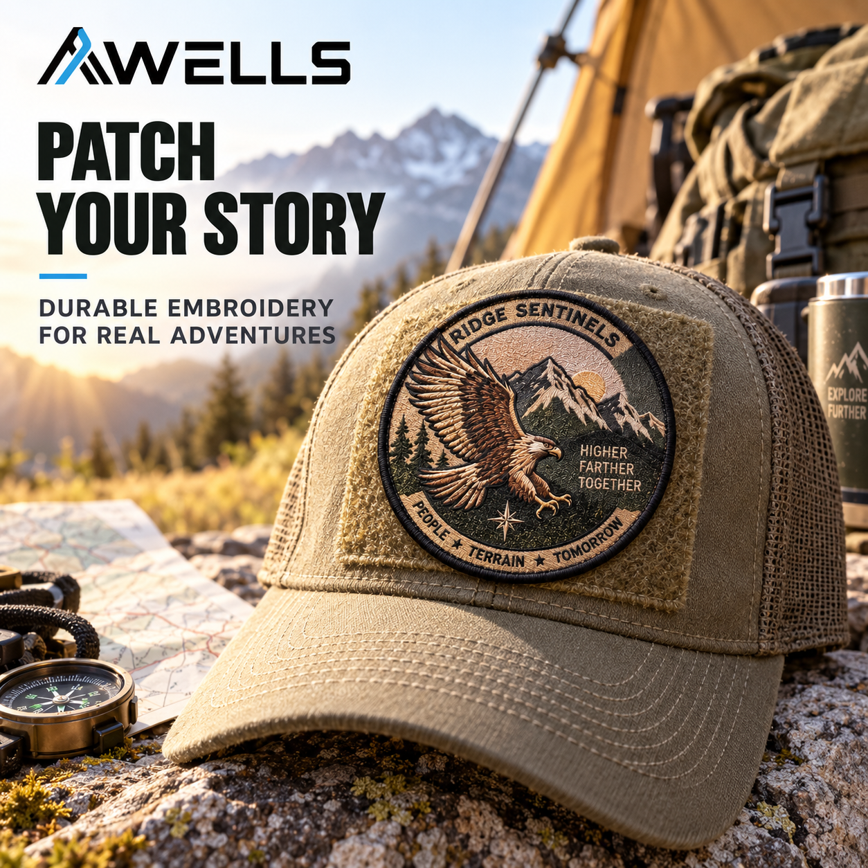 Custom Embroidery Badge with Mountain Eagle Design for Outdoor Gear Team Apparel and Adventure Brand Merchandise AWELLS