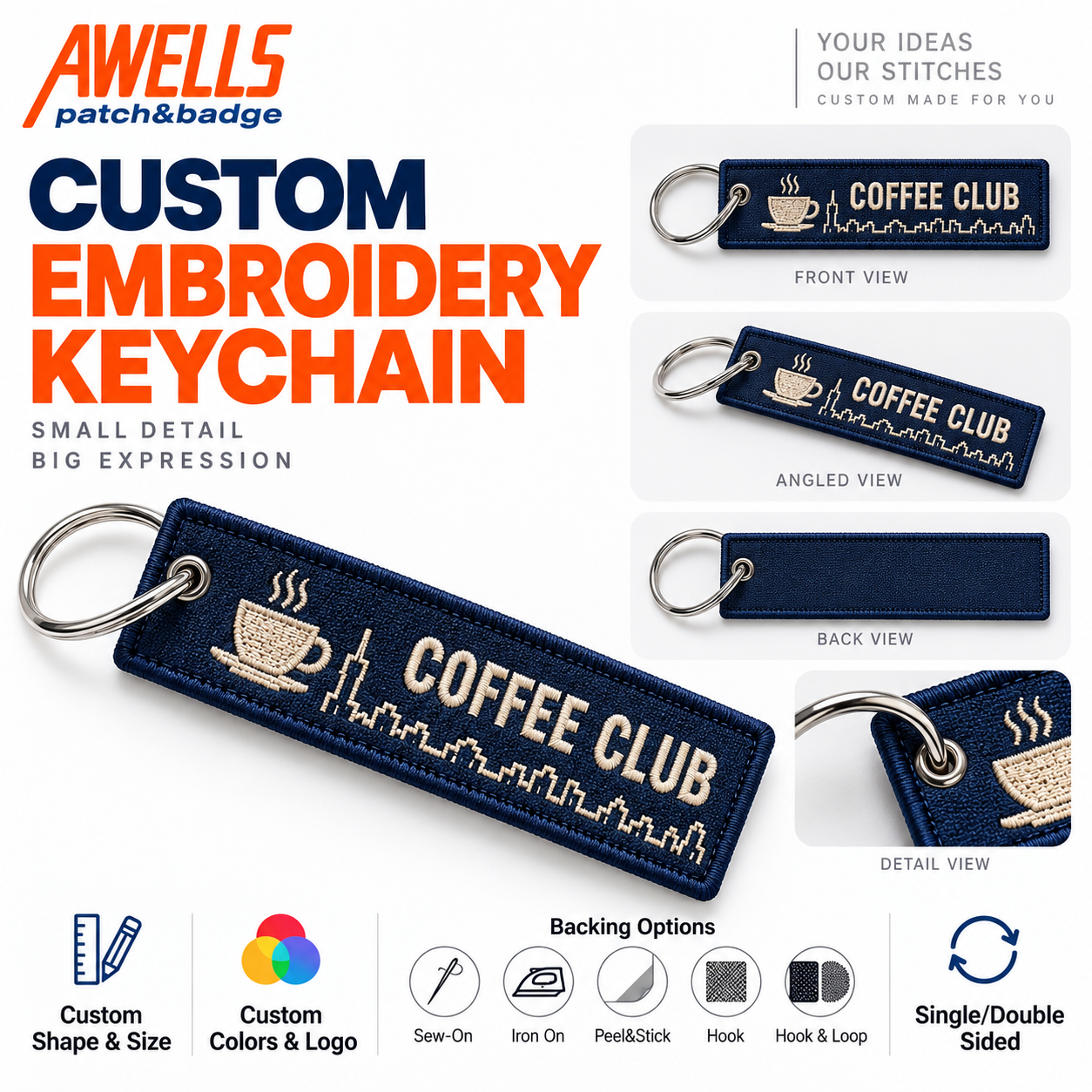 Custom Coffee Embroidery Keychain for Cafes Tote Bags Coffee Shop Merchandise and Lifestyle Promotional Gifts AWELLS