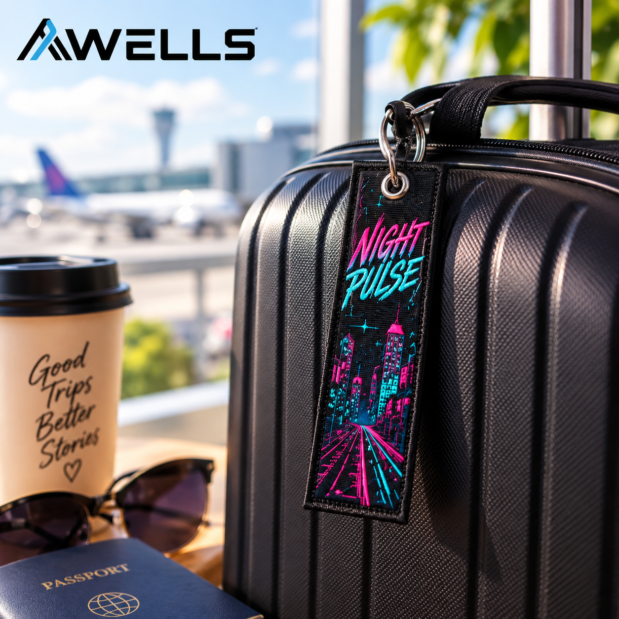 Custom Embroidery Keychain with Neon City Artwork Streetwear Flight Tag Style for Fashion Brands Events and Merchandise AWELLS