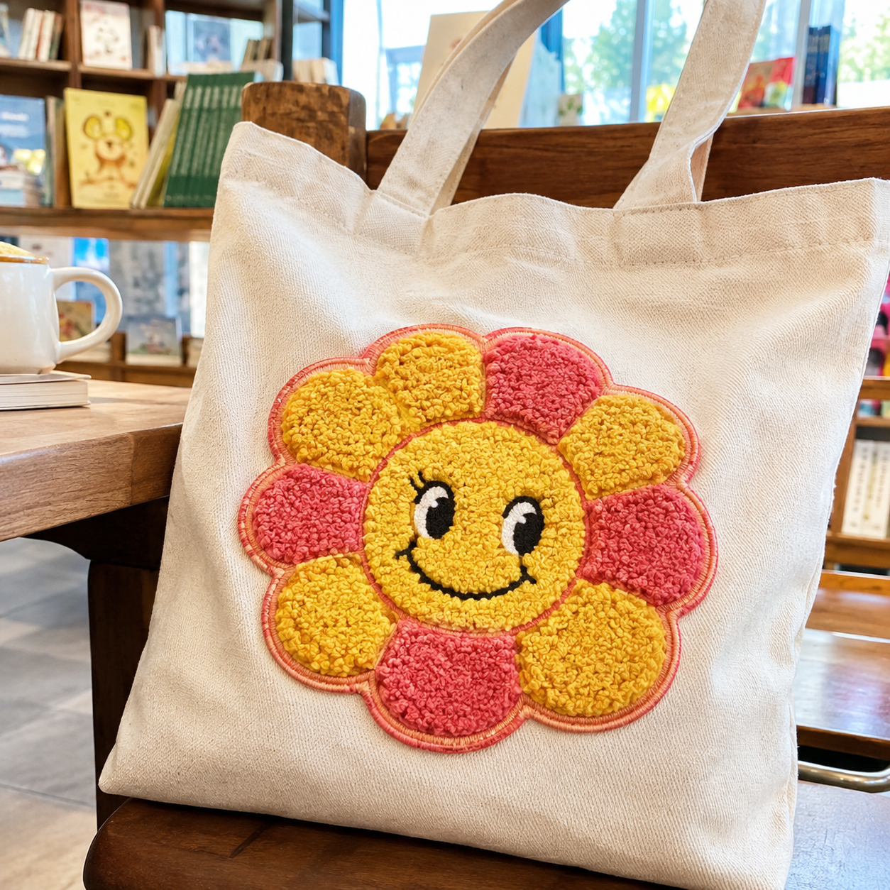 Custom Chenille Patch for Tote Bags Cute Flower Smile Badge for Bookstore Merchandise Lifestyle Gifts and Fashion Accessories AWELLS