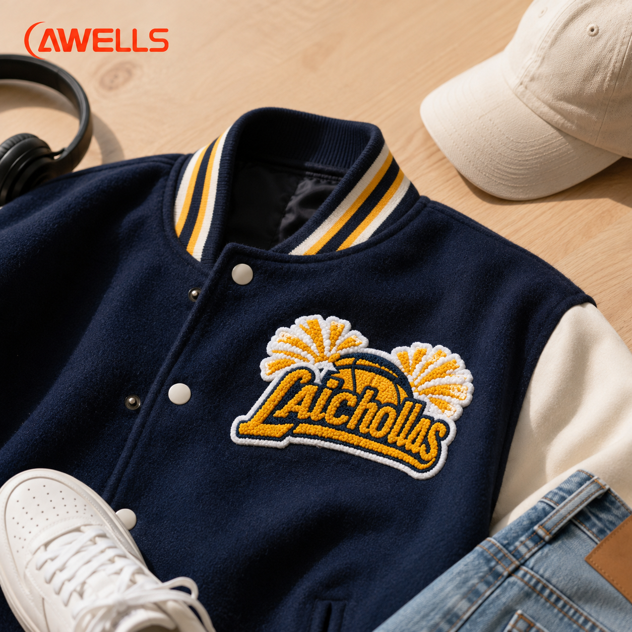 Pasadyang Varsity Chenille Patch para sa mga jacket at team uniform na may plush lettering at disenyo na nagpapakita ng school spirit, OEM ODM AWELLS