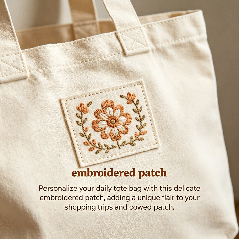 AWELLS Delicate Floral Embroidery Patch, Neutral Earth-Tone Motif for Canvas Tote Bags