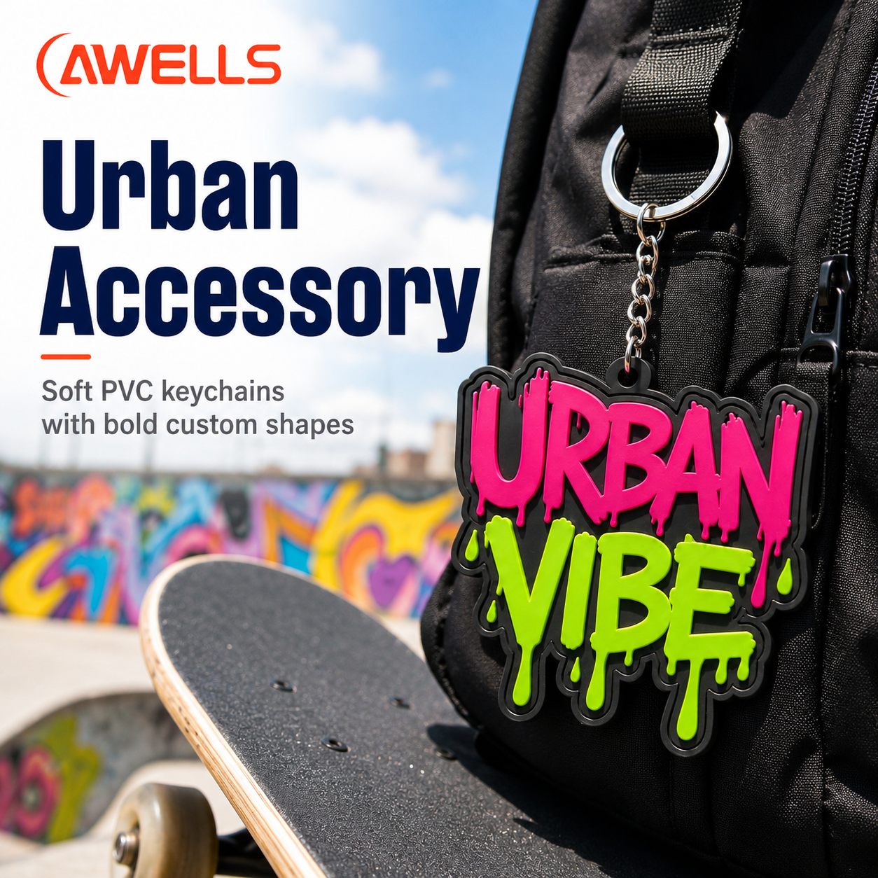 Chaveiro personalizado em borracha e PVC para venda por atacado, destinado a marcas de estilo de vida, mercadorias varejistas, acessórios para bolsas e presentes criativos com logotipo AWELLS