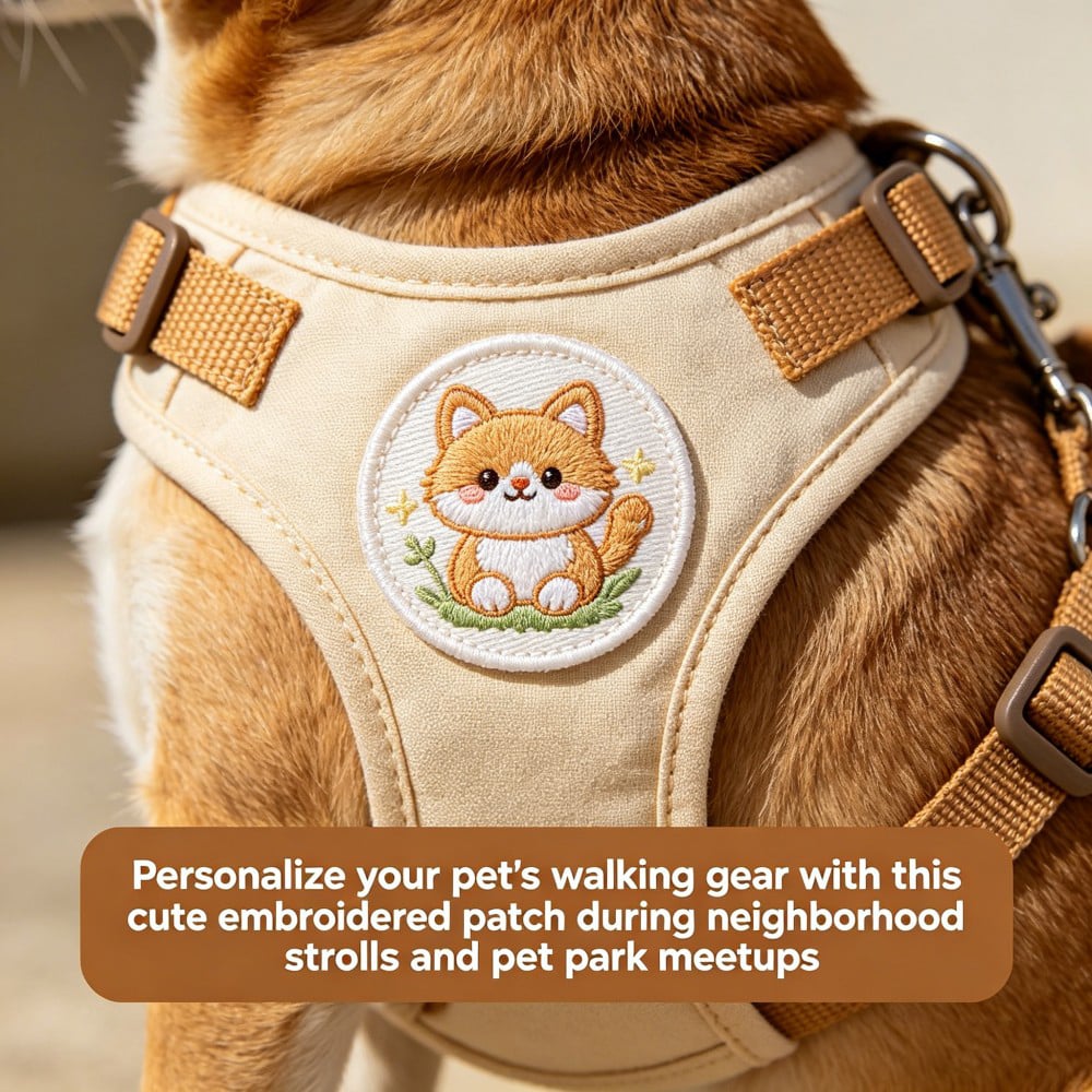 AWELLS Cute Cat Embroidery Patch, Adorable Custom Motif for Pet Harnesses & Outdoor Walking Gear