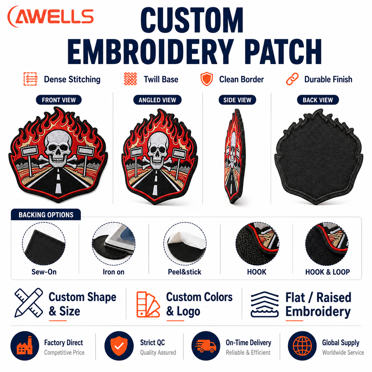 Custom Embroidery Back Patch for Motorcycle Jackets Large Skull Flame Badge with High-Density Stitching OEM ODM AWELLS