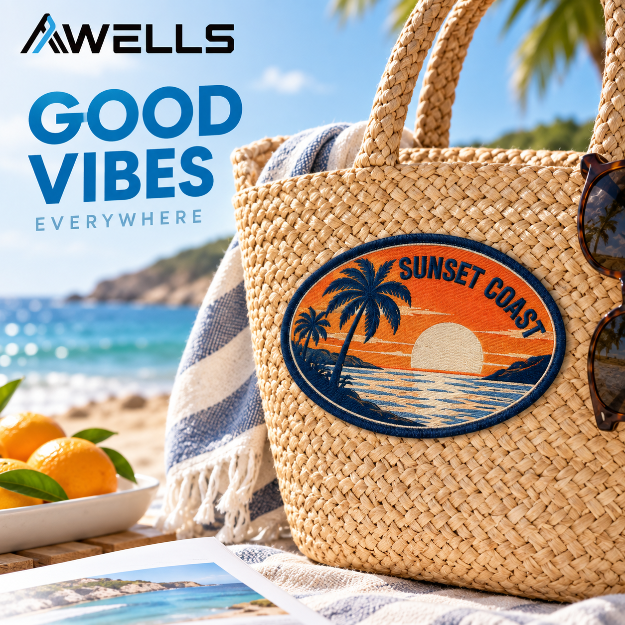 Custom Woven Patch for Tote Bags with Sunset Beach Design for Resort Souvenirs Travel Merchandise and Coastal Brands AWELLS
