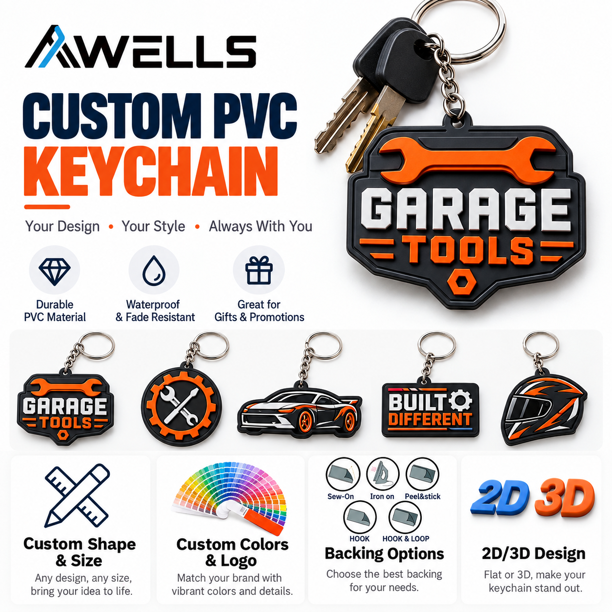 Custom Garage Tools PVC Keychain with Wrench Logo for Auto Repair Shops Mechanic Gifts and Workshop Merchandise AWELLS