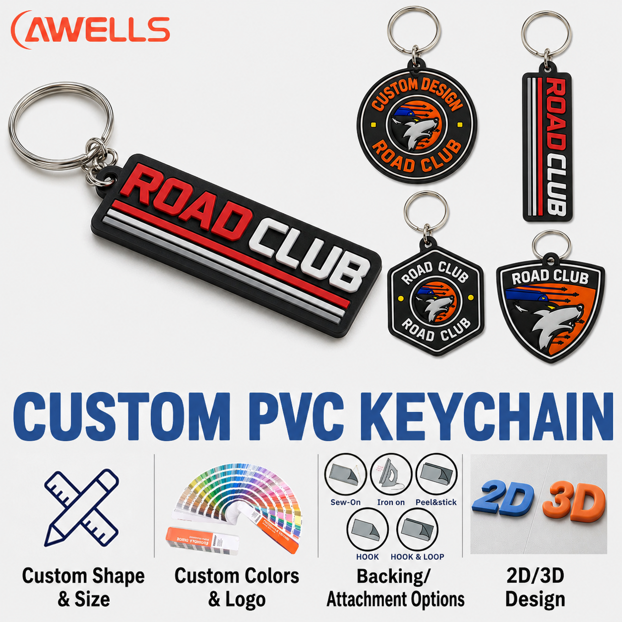 Custom Soft PVC Keychain with 2D Raised Lettering for Car Clubs Automotive Events and Promotional Merchandise OEM ODM AWELLS