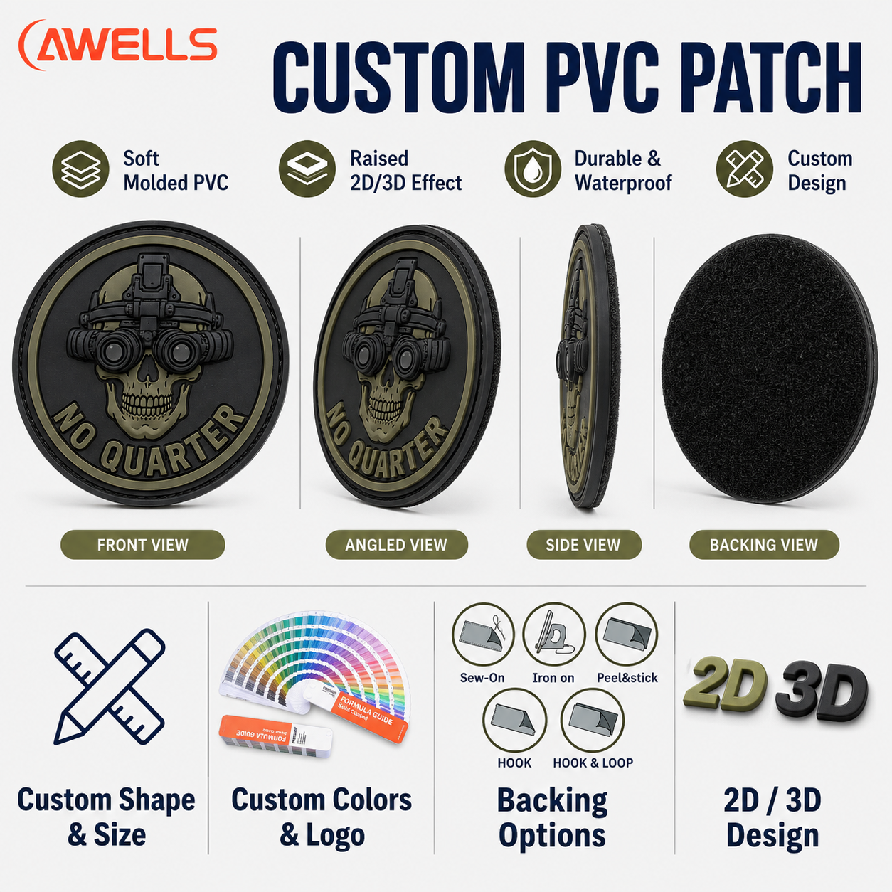 Egyedi kerek PVC-jelvény kültéri felszereléshez és használati hátizsákokhoz alacsony láthatóságú 3D koponya-logóval és akna-cipőzárral ellátott háttal – AWELLS