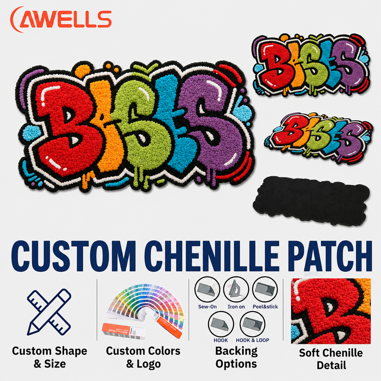Custom Large Chenille Back Patch for Denim Apparel Street Art Events and Fashion Collections OEM Manufacturer AWELLS