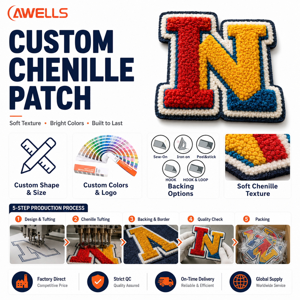 Custom Chenille Patch for Varsity Jackets School Spirit Letterman Apparel and Club Uniforms Bulk Supply AWELLS