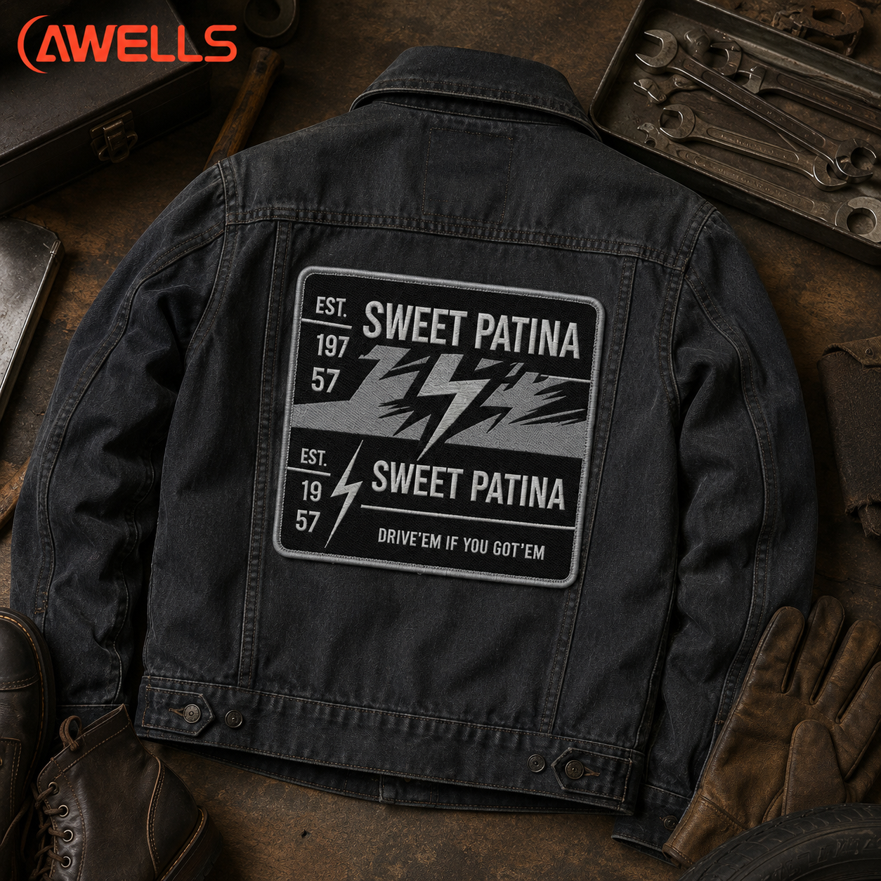Patch tessuto personalizzato di grandi dimensioni per giacche in denim, con dettagli in filato fine e bordo cucito, distintivo vintage per club automobilistici, OEM/ODM AWELLS
