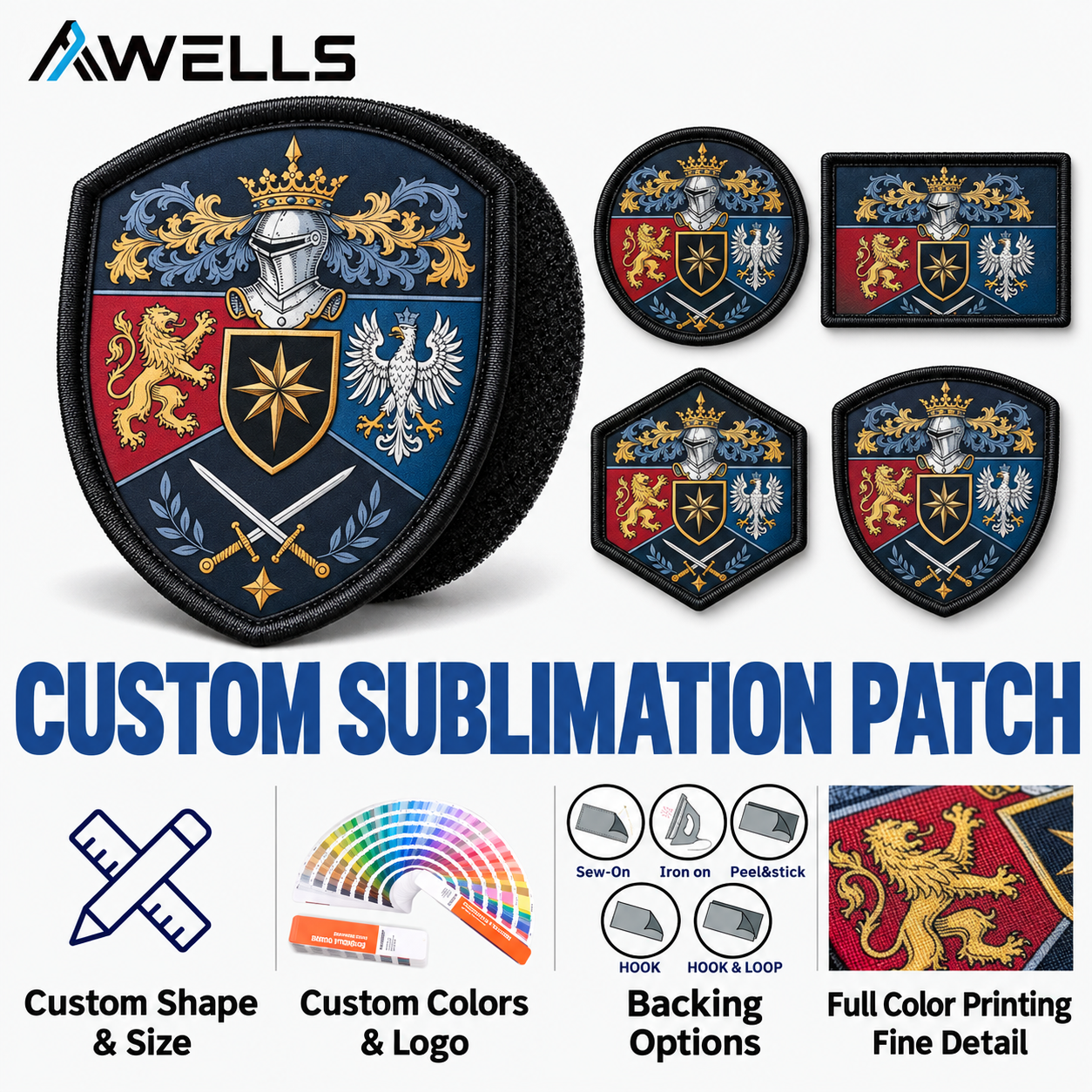 Custom Dye Sublimation Crest Patch with Heraldic Shield Artwork for Club Apparel Heritage Branding and Premium Accessories AWELLS