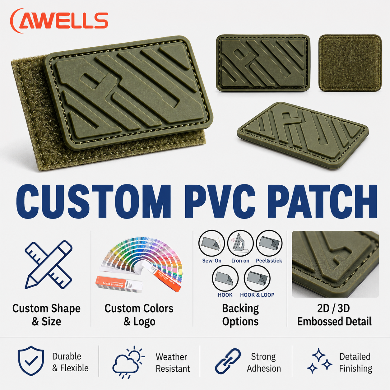 Custom PVC Patch for Outdoor Gear and Utility Bags with Hook and Loop Backing Waterproof 2D Logo Badge OEM ODM AWELLS