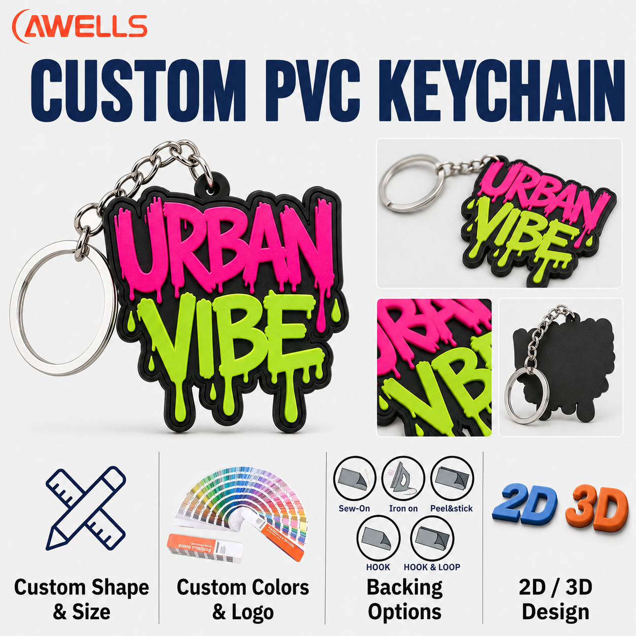 Chaveiro personalizado em borracha e PVC para venda por atacado, destinado a marcas de estilo de vida, mercadorias varejistas, acessórios para bolsas e presentes criativos com logotipo AWELLS