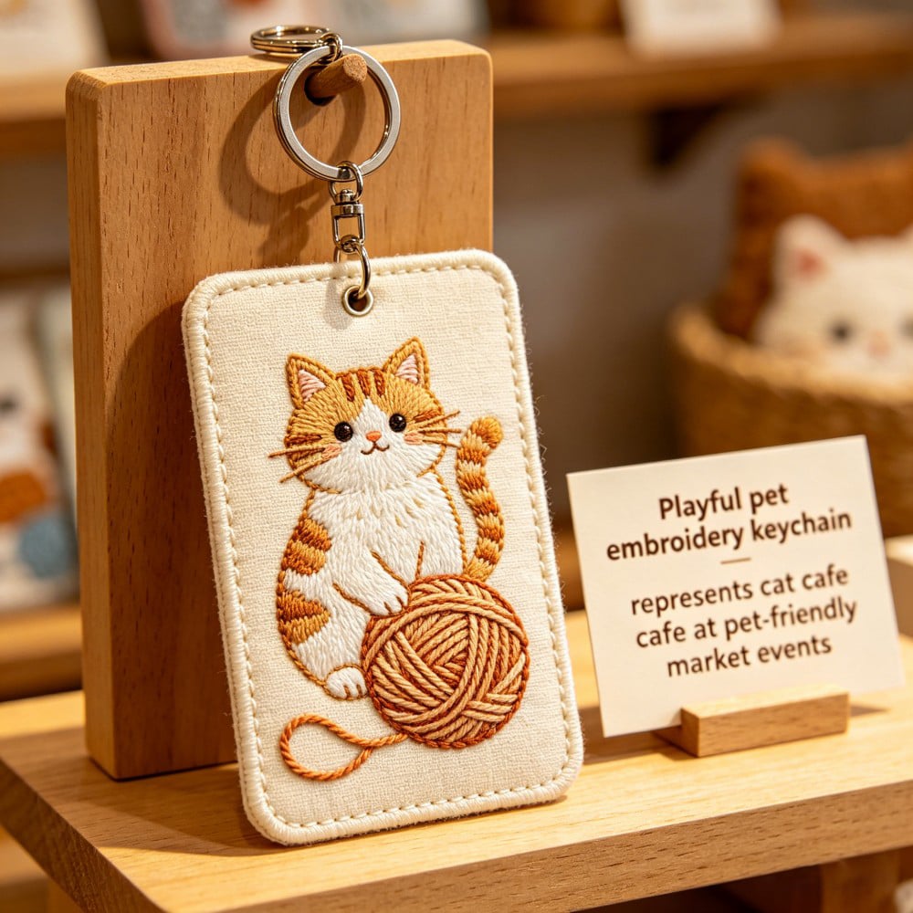 AWELLS Playful Cat Embroidery Keychain, Ginger Kitten & Yarn Charm for Cat Cafe Merch