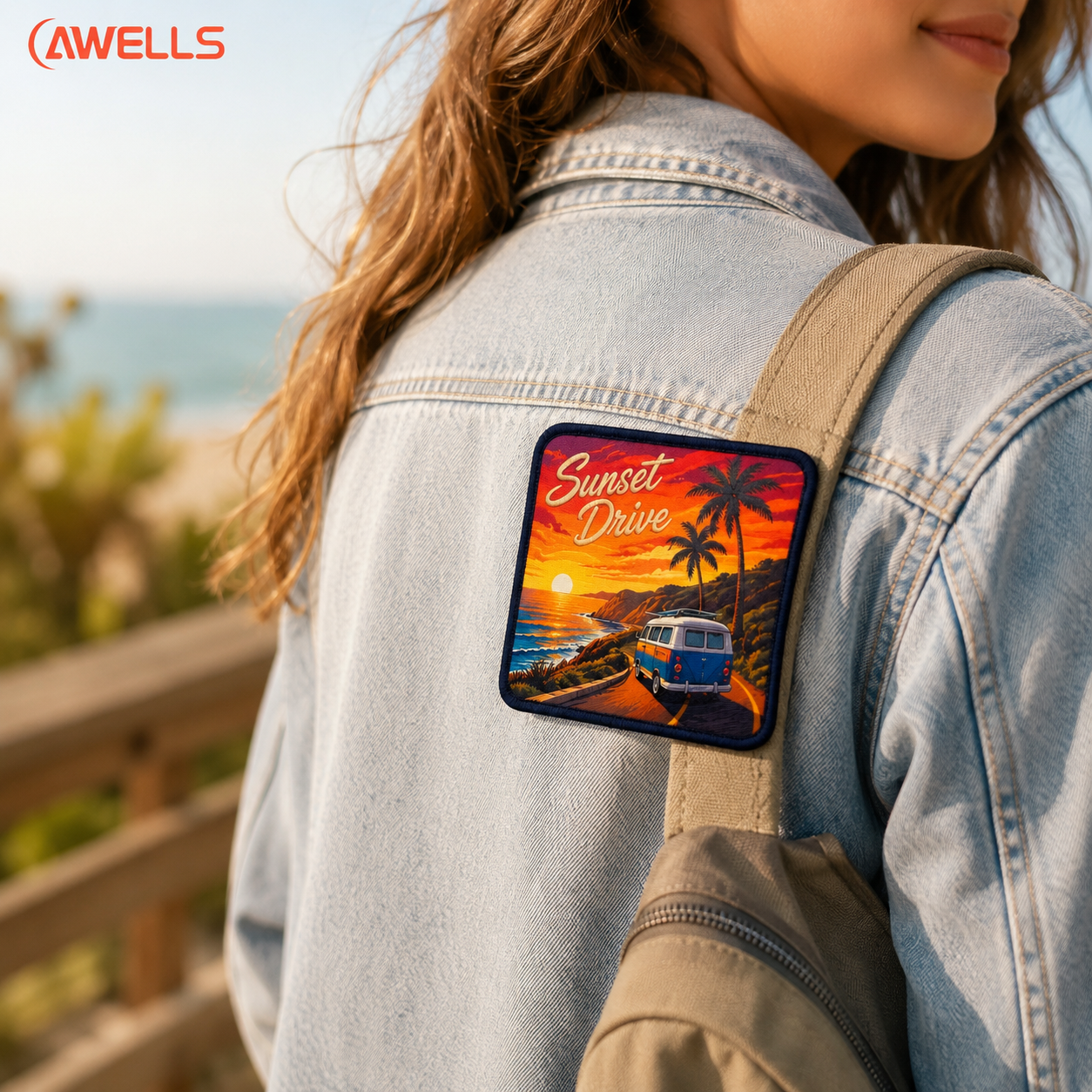 Patch personnalisé par sublimation pour sacs fourre-tout – badge logo paysager en couleurs pleines avec bordure brodée, cadeau de voyage, fabrication sur mesure (OEM/ODM) AWELLS
