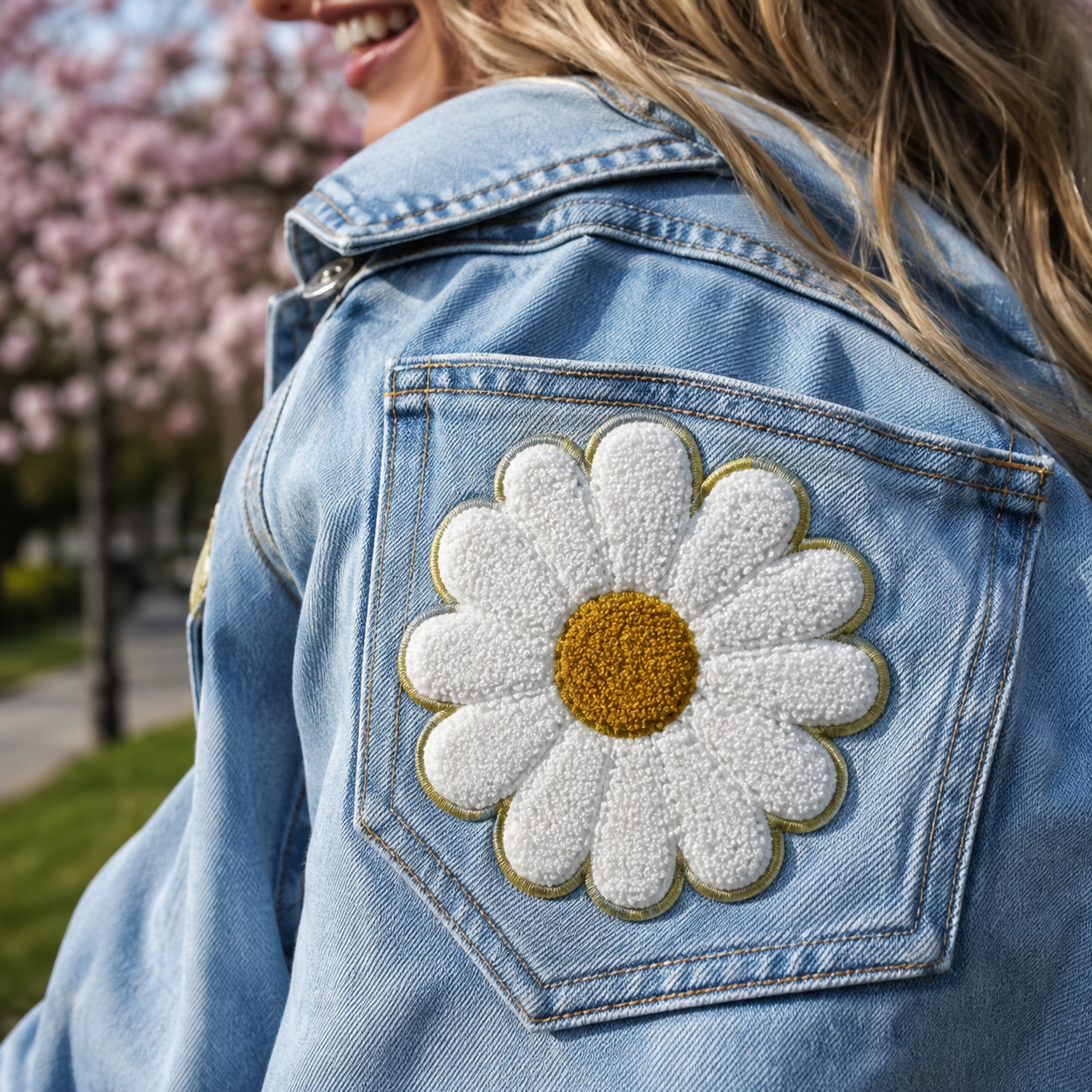 Custom Daisy Chenille Patch for Denim Jackets Fashion Appliqué Floral Letterman Patch AWELLS
