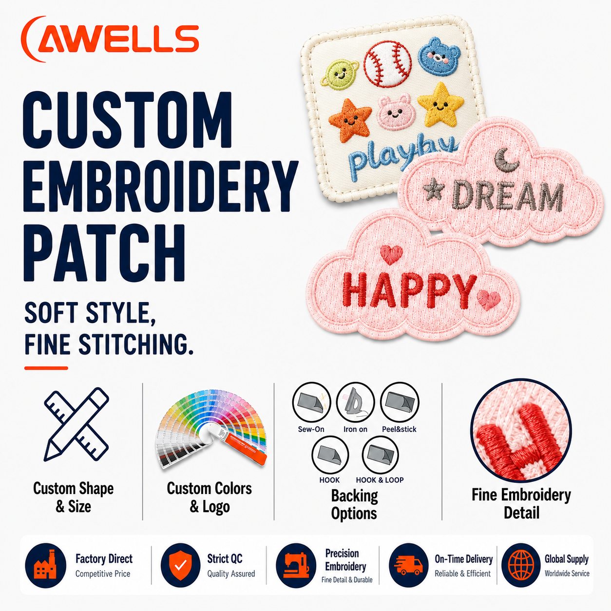 Custom Embroidery Patch for Kids Baseball Caps Cute Cartoon Logo Badge with High-Density Stitching OEM ODM AWELLS