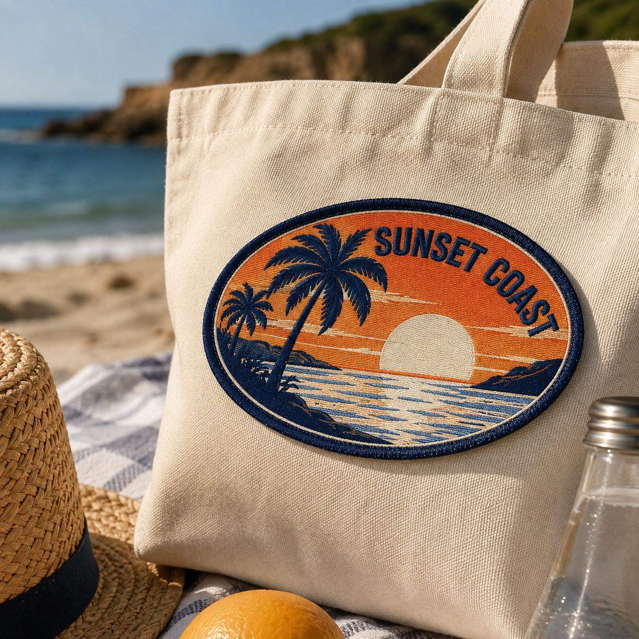 Custom Woven Patch for Tote Bags with Sunset Beach Design for Resort Souvenirs Travel Merchandise and Coastal Brands AWELLS