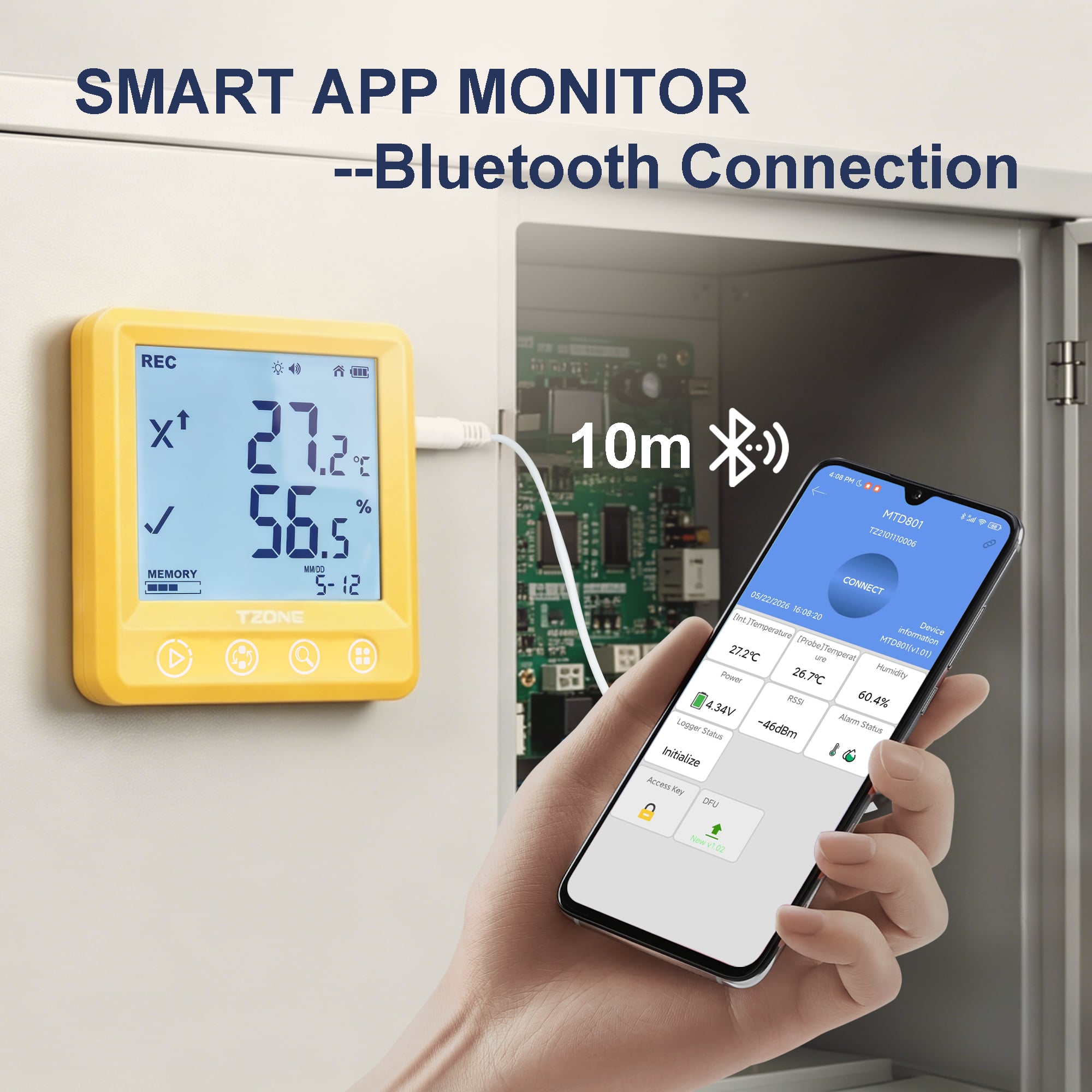 MTD801-L40 LCD Screen 4.2 Inch App Controlling Alarm Ble Connect Digital Thermometer Hygrometer Desktop or Wall-Mounted