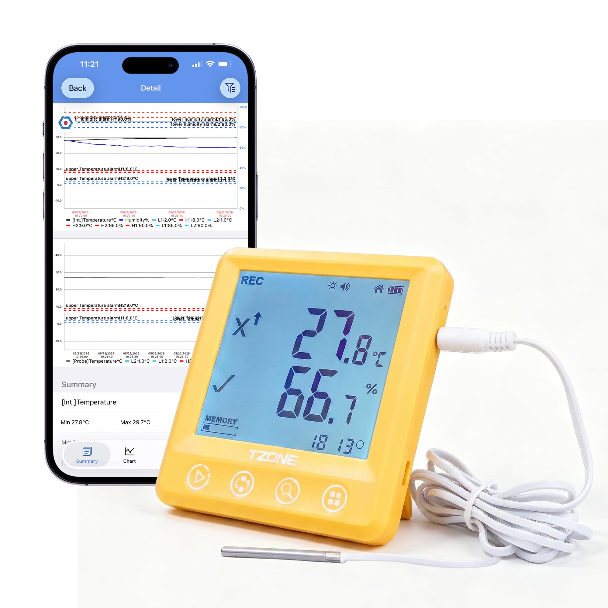 MTD801-L40 LCD Screen 4.2 Inch App Controlling Alarm Ble Connect Digital Thermometer Hygrometer Desktop or Wall-Mounted