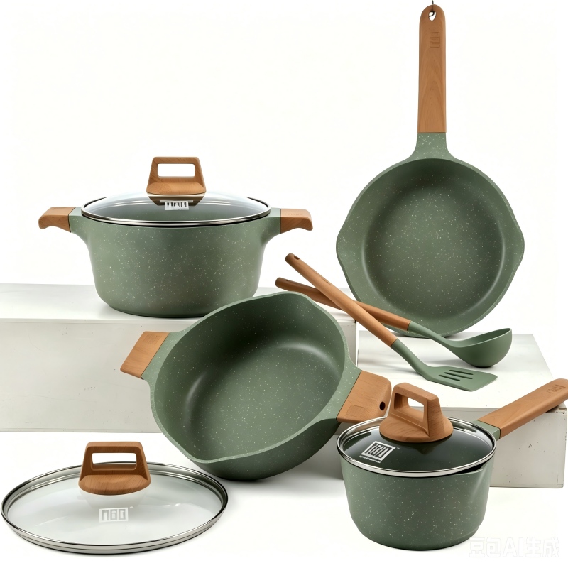 Conjunto de Utensílios de Cozinha de Cerâmica Antiaderente Europeu MGC de 9 Peças | Ideal para Culinária Global Ácida e Picante, Kit Completo de Utensílios de Cozinha para Cozinhar em Fogo Brando, Ensopar, Fritar e Refogar
