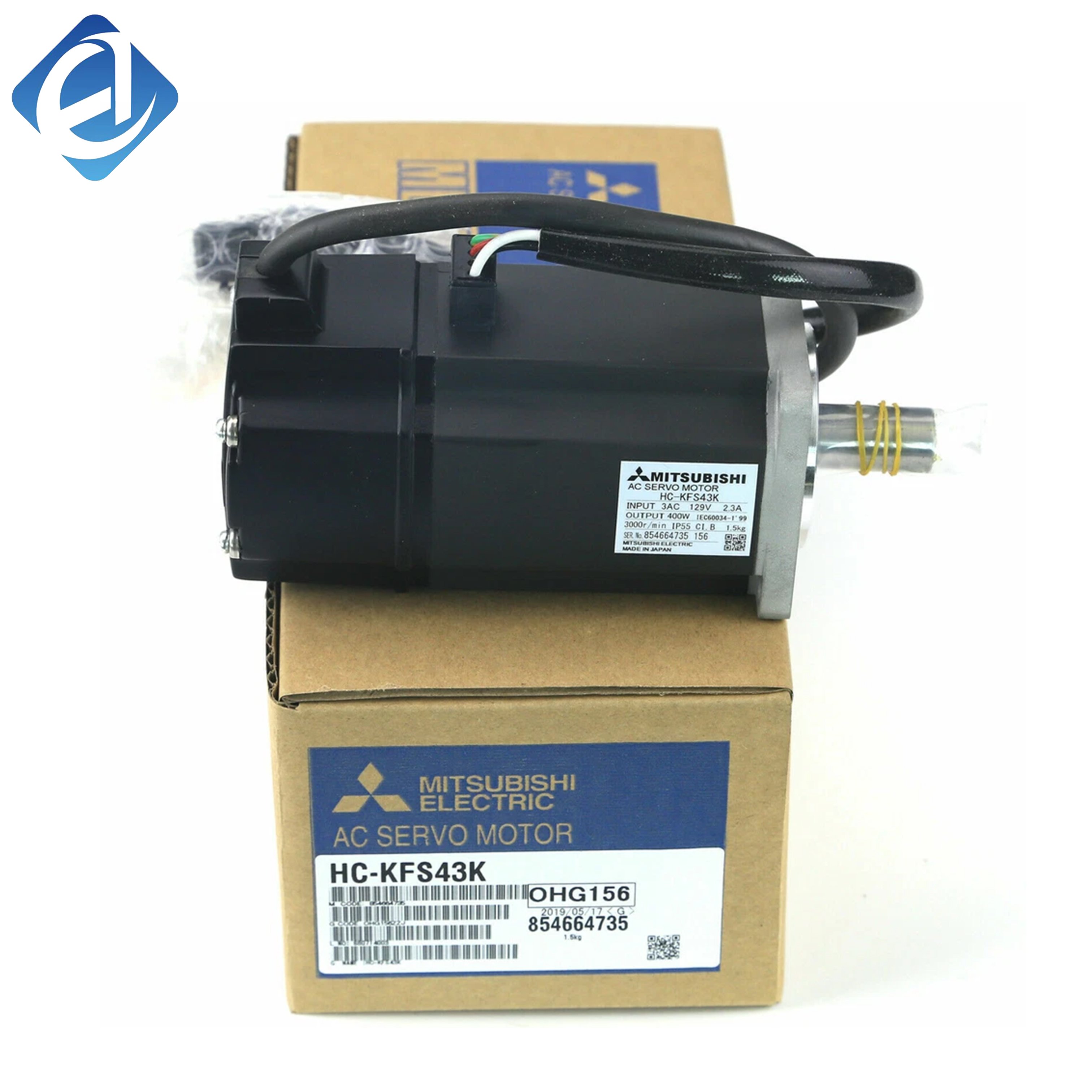 Naujas originalus mažos inercijos nuolatinės srovės valdymo variklis HC-KFS43K iš HC‑KFS serijos, vardinė galia – 400 W, vardinis sukimosi dažnis – 3000 aps/min, ašies konstrukcija su pusratuku, įmontuotas 17 bitų aukštos raiškos koduoklis
