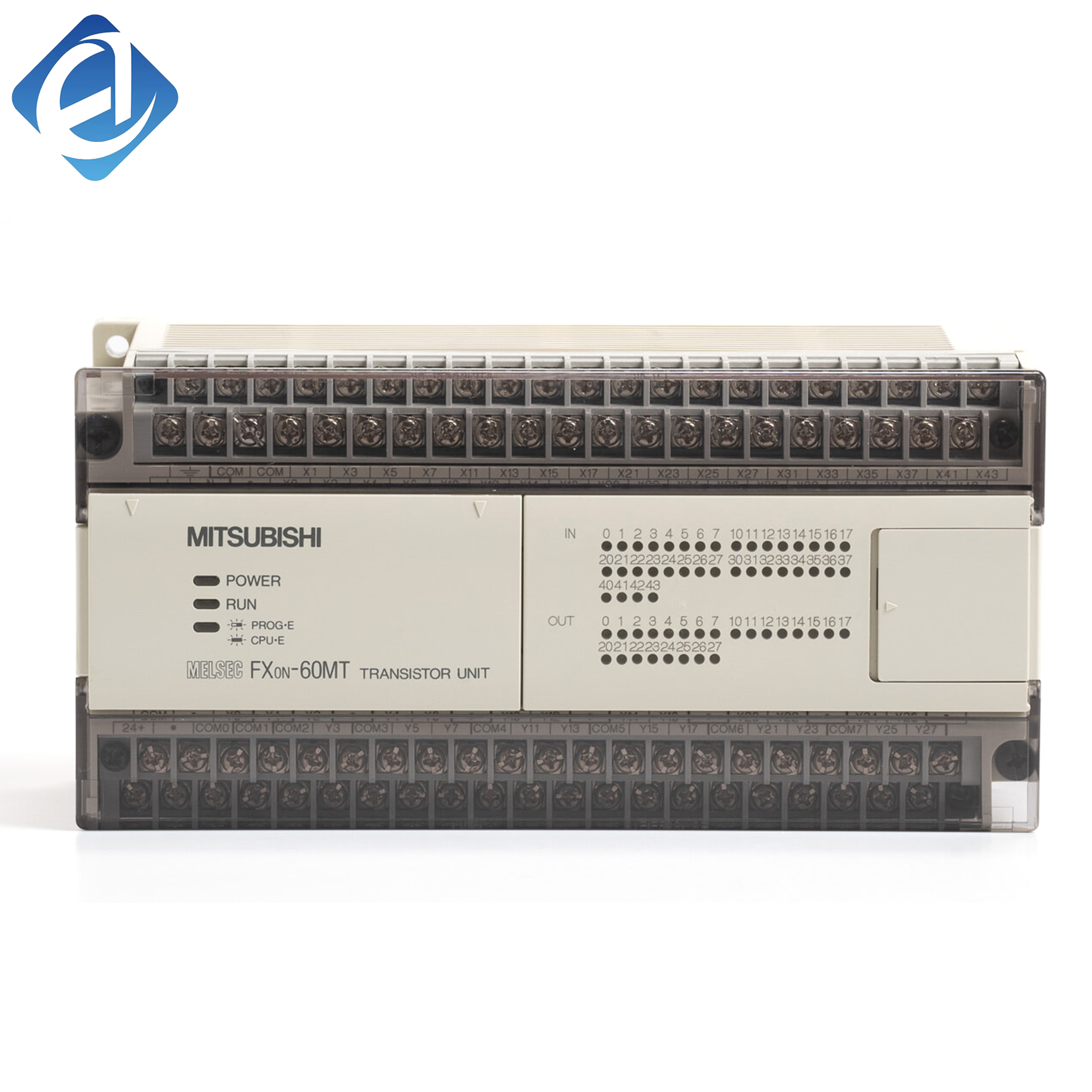 PLC فشرده سری MELSEC-FX0N اصلی و جدید FX0N-60MT، با ۶۰ نقطه ورودی/خروجی (۳۶ ورودی DC24V با نوع سینک + ۲۴ خروجی ترانزیستوری). ولتاژ خروجی ۲۴ ولت DC، جریان ۰٫۵ آمپر به ازای هر نقطه، حداکثر جریان کل ۸ آمپر. حافظه EEPROM