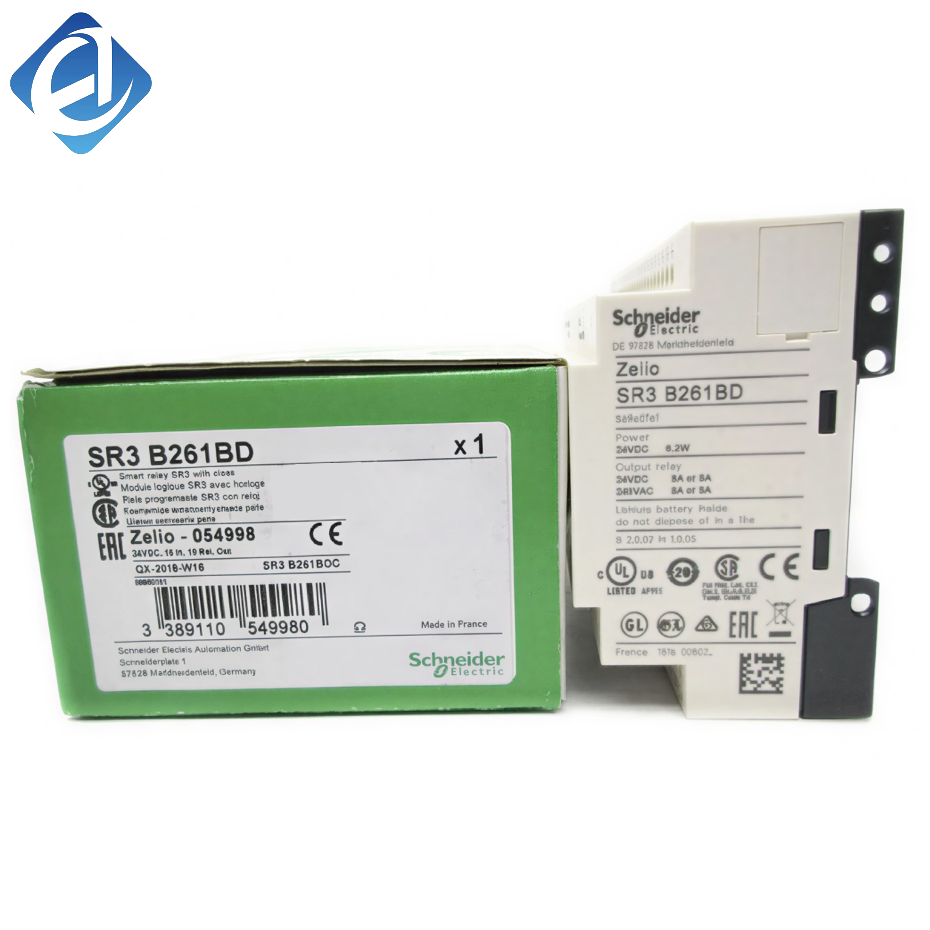 New Original SR3B261BD Zelio Logic series modular smart relay, 24V DC, 26 I/O (16DI+6AI+10 relay outputs), built-in LCD & real-time clock, DIN rail mount, for industrial automation, logic control & monitoring