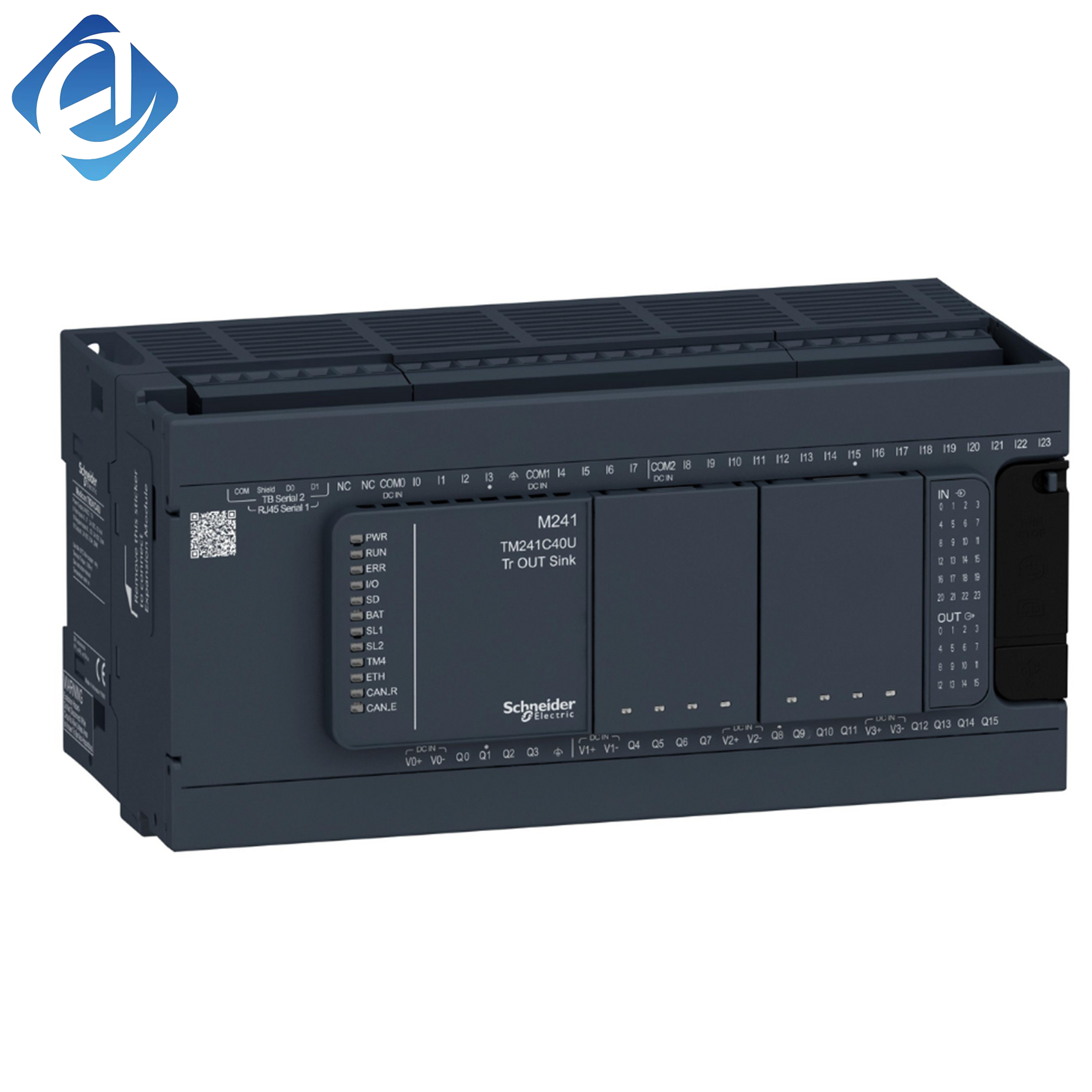 PLC اصلی و جدید مدل TM241C40U سری Modicon. دارای ۴۰ نقطه ورودی/خروجی ترانزیستوری، کنترل پالس با سرعت بالا، ارتباط چندپروتکلی، عملکرد منطقی پایدار و قابلیت گسترش آسان؛ مناسب برای تجهیزات نوار نقاله