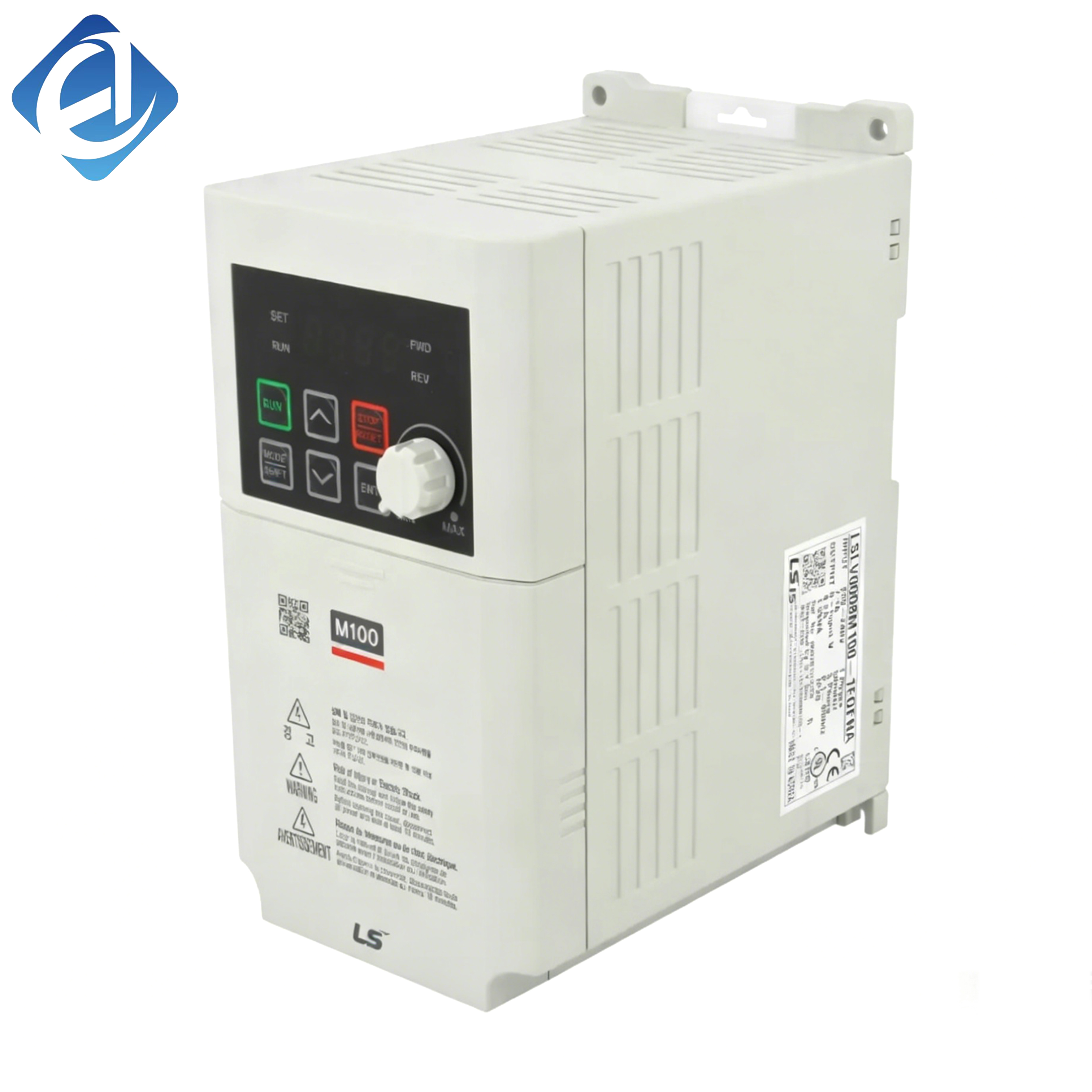 اینورتر اصلی و جدید سری LSLV0008M100-1EOFAN M100، تکفاز، ۰٫۷۵ کیلووات. دارای طراحی فشرده، از کنترل V/F و چندین قابلیت حفاظتی ایمنی پشتیبانی می‌کند. ویژگی‌های آن شامل نویز پایین و تنظیم پایدار سرعت است