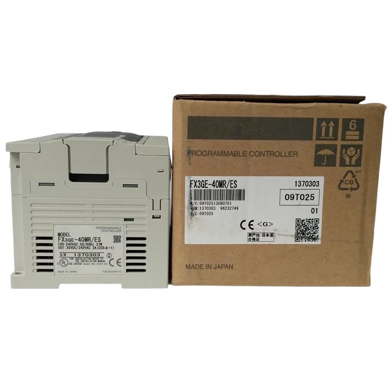 وحدة تحكم منطقية قابلة للبرمجة (PLC) أصلية جديدة من سلسلة Mitsubishi FX3GE، الطراز FX3GE-40MR/ES، وهي وحدة PLC مدمجة ذات مخرجات ريلاي ومزوَّدة بوظائف إيثرنت وتناظرية مدمجة، وتتميّز بالاستقرار والموثوقية، وهي مثالية لأنظمة التحكم الآلي الصناعي الصغيرة الحجم.