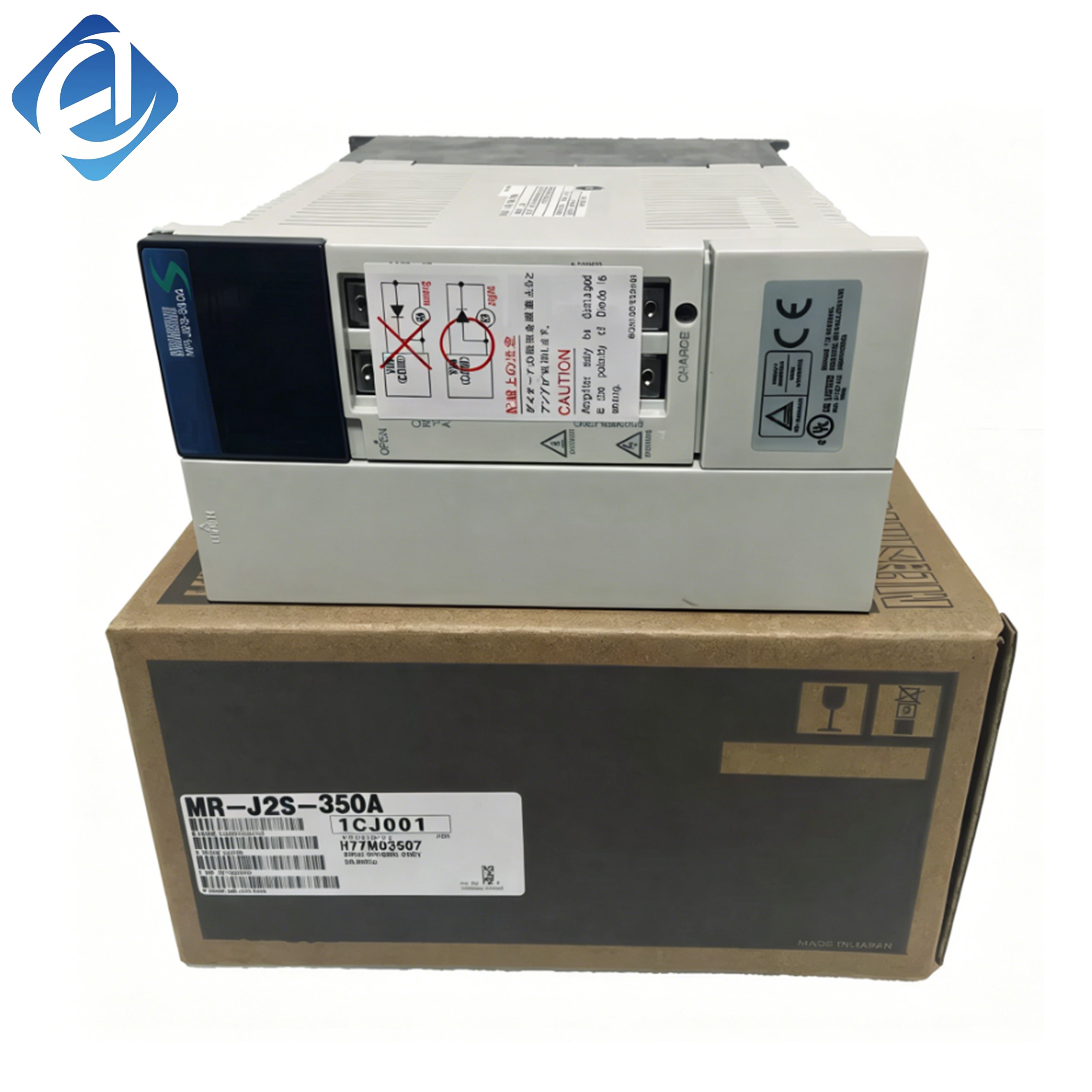 مُضخِّم سيرفو تيار متناوب أصلي جديد من سلسلة MELSERVO-J2S طراز MR-J2S-350A، بقدرة ٣,٥ كيلوواط، فئة ٢٠٠ فولت، تيار إخراج ١٧,٥ أمبير، واستجابة ترددية ٥٥٠ هرتز. يحتوي على وظائف تحكم مدمجة في التموضع والسرعة والعزم.