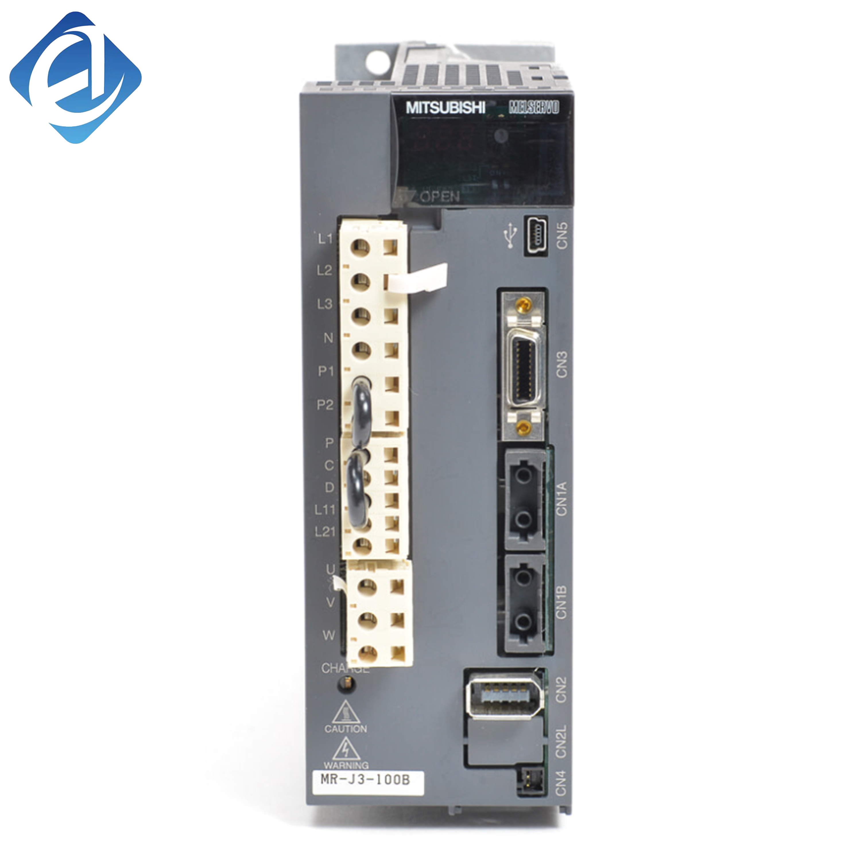 New Original MR-J3-100B MELSERVO J3 series servo drive, 1.0kW rated power. It adopts high-response control, built-in multiple safety protection and advanced positioning functions. Compatible with HF-MP series servo motors