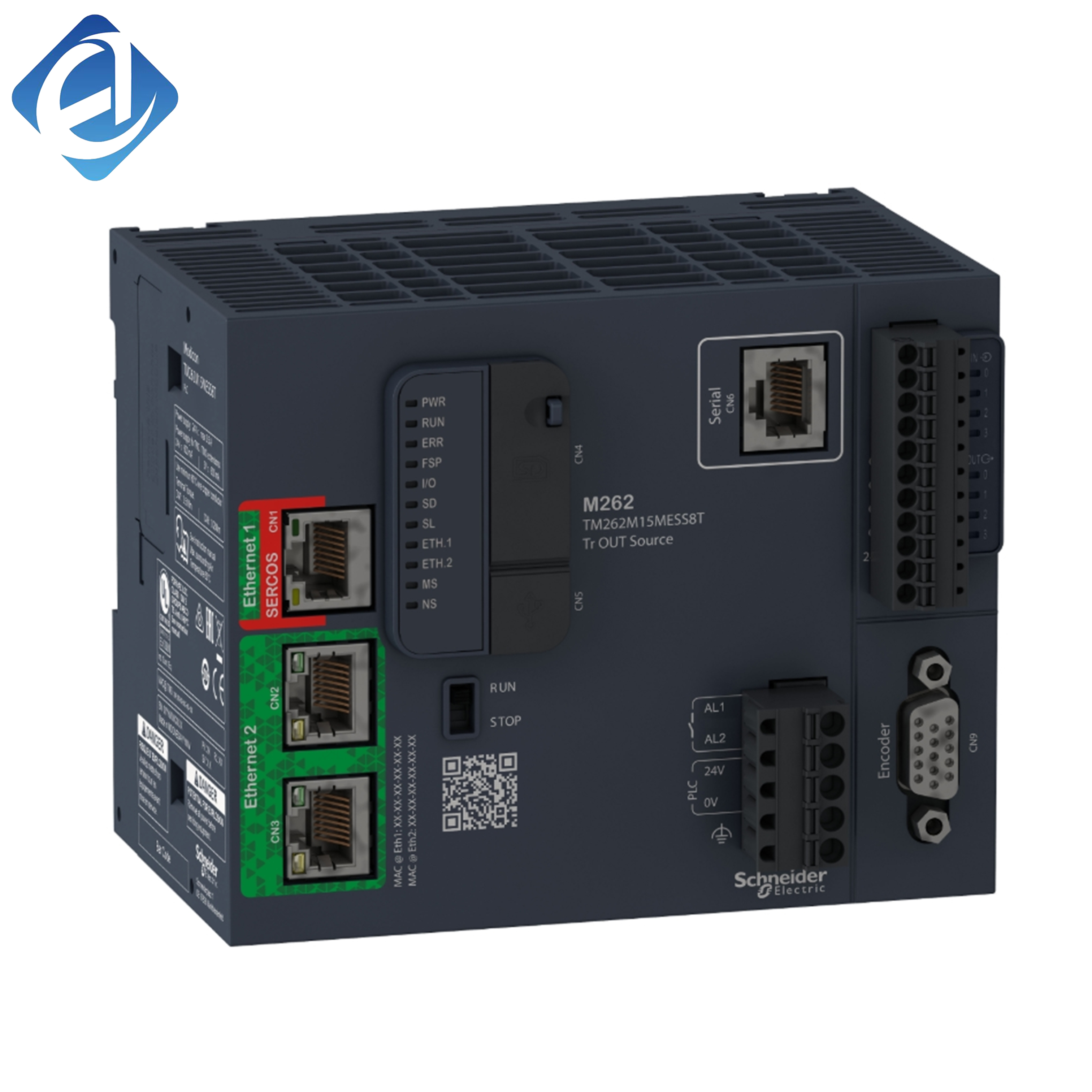 Bộ điều khiển lập trình (PLC) Modicon M262, mẫu TM262M15MESS8T, gốc mới. Giao tiếp Ethernet đa kênh, xử lý logic tốc độ cao, hiệu năng điều khiển chuyển động mạnh mẽ, cấu trúc nhỏ gọn, khả năng chống nhiễu ổn định.