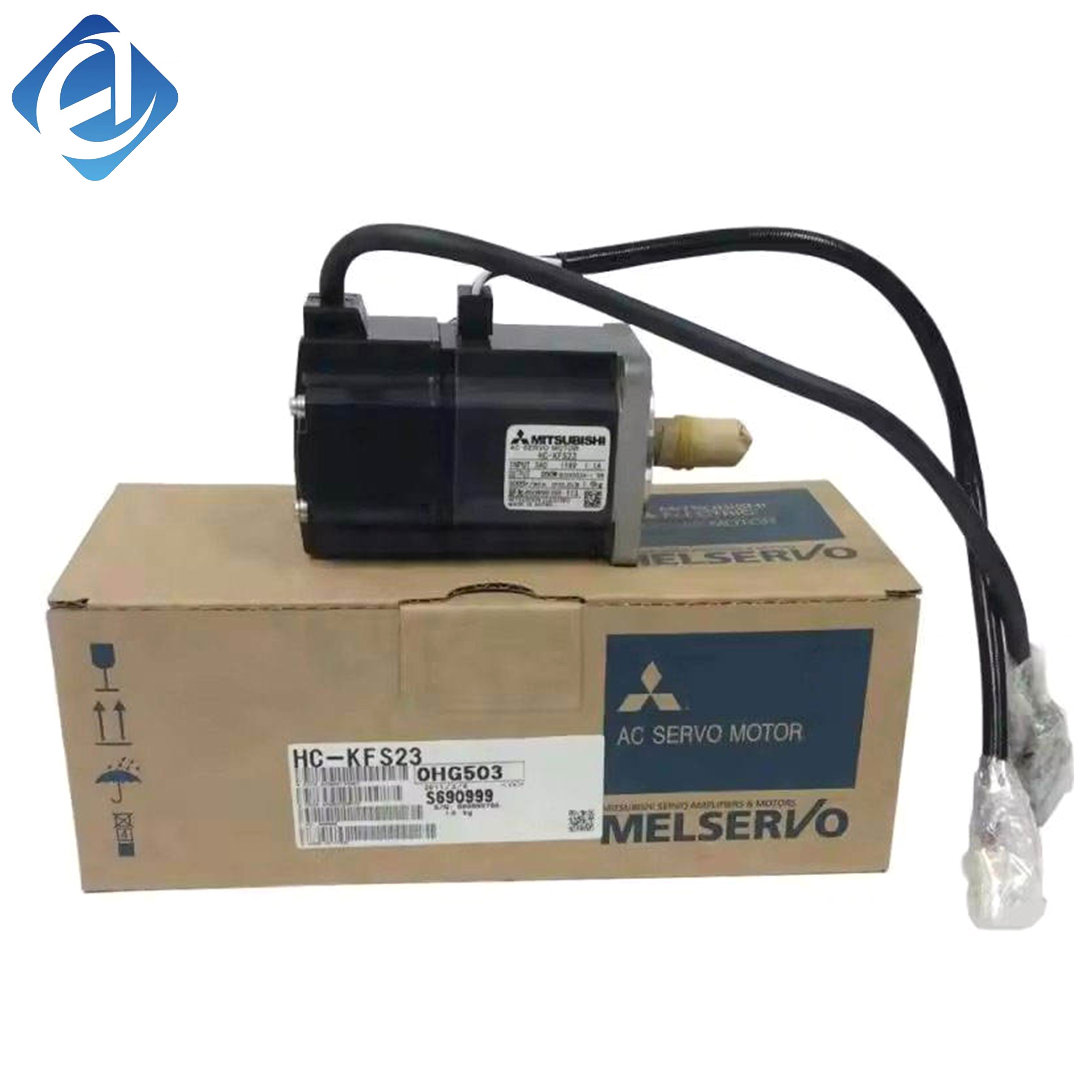 Naujas originalus mažos inercijos kintamosios srovės valdymo variklis HC-KFS23 iš HC‑KFS serijos, vardinė galia – 200 W, vardinis sukimosi dažnis – 3000 aps/min, 17 bitų aukštos raiškos enkoderis, standartinio tipo valdymo velenas, suderinamas su MR‑J2S‑20A/B valdymo variklių varikliais