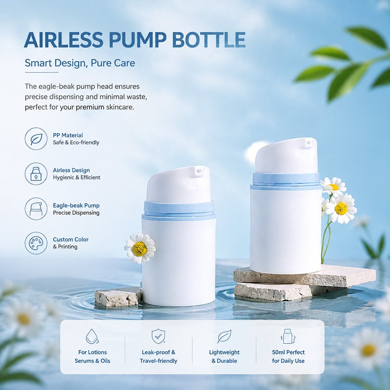 sistema igienico da 50 ml con pompa senza aria, sicuro ed ecologico, in materiale PP, con design a becco d’aquila