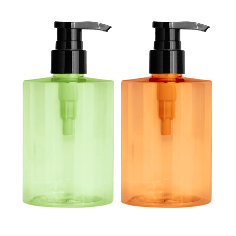 Flacone con pompa per detergenti e prodotti per la cura del corpo, cilindrico da 300 ml in PET, colorato, prodotto in fabbrica