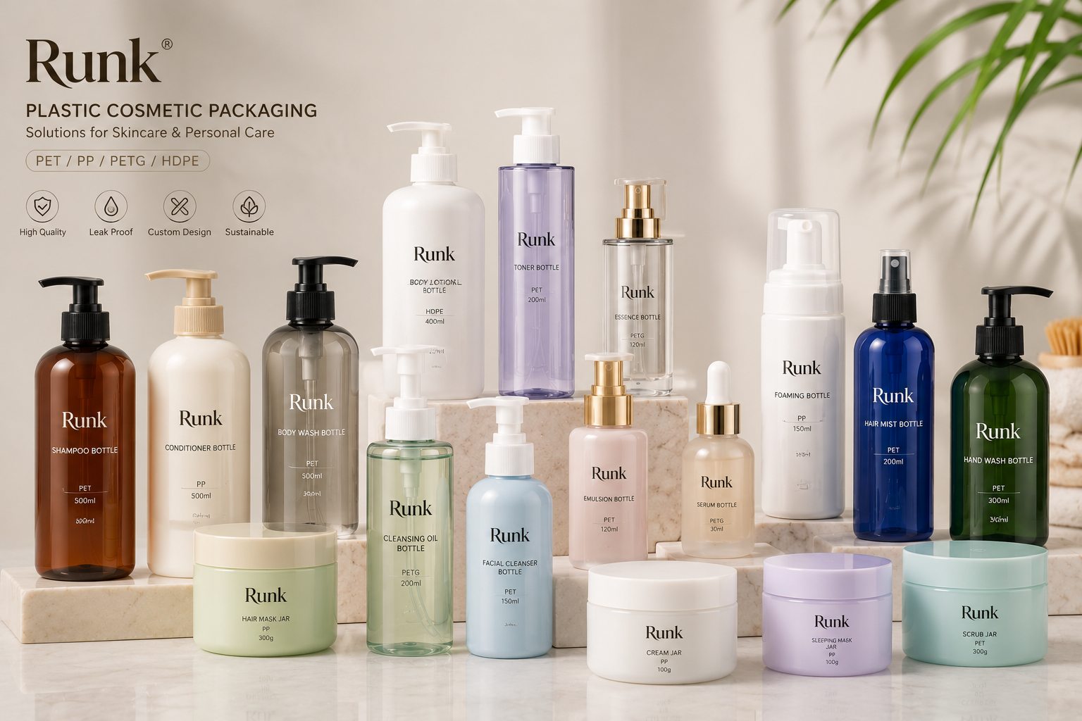 Bottiglie per imballaggi cosmetici di lusso in vetro e plastica della Runk Factory